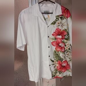 KY's Made In Hawaii XL White Cotton Red Hibiscus Shirt Hawaiian
